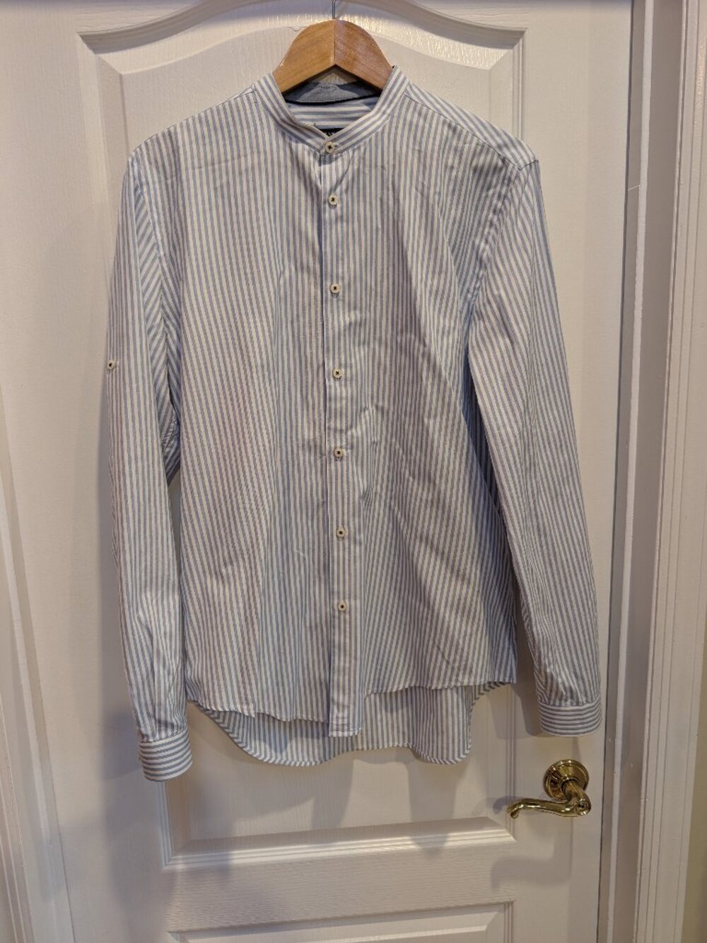 Zara Man Slim Fit Blue White Striped Band Collar Roll Tab Shirt Large
